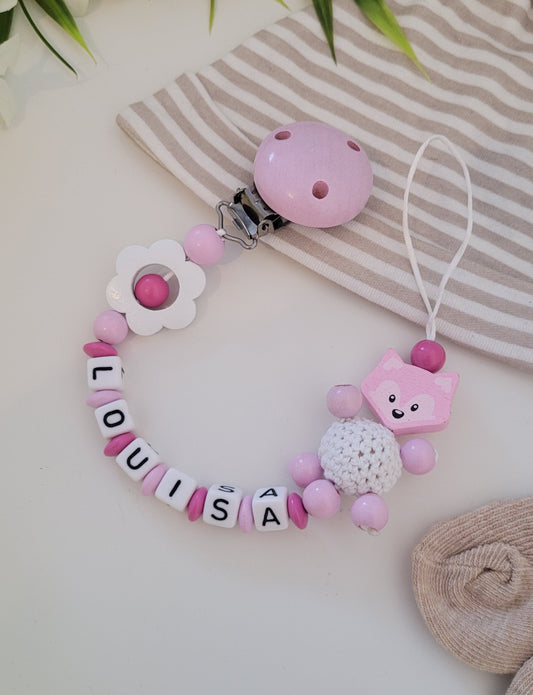 Schnullerkette rosa holzperlen mit babynamen mädchen fuchs