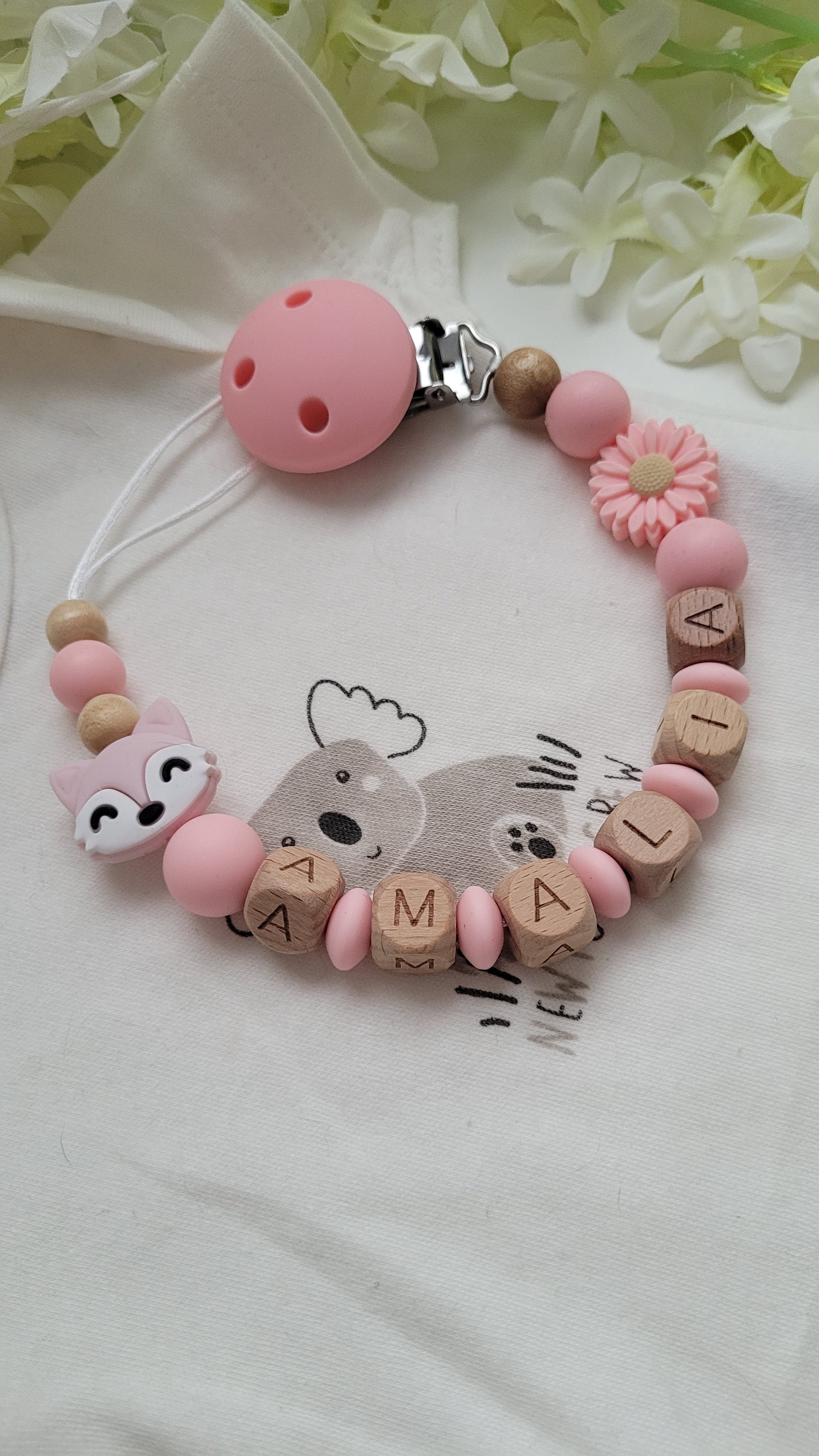 Schnullerkette Fuchs rosa personalisiert Mädchen 