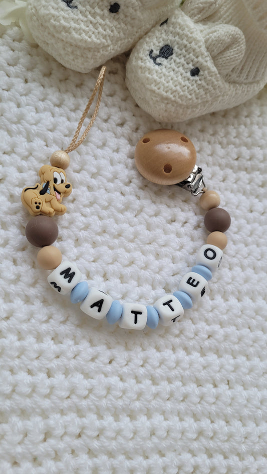 Schnullerkette Hund mit Babyname Silikonperlen beige blau Disney Junge Pluto
