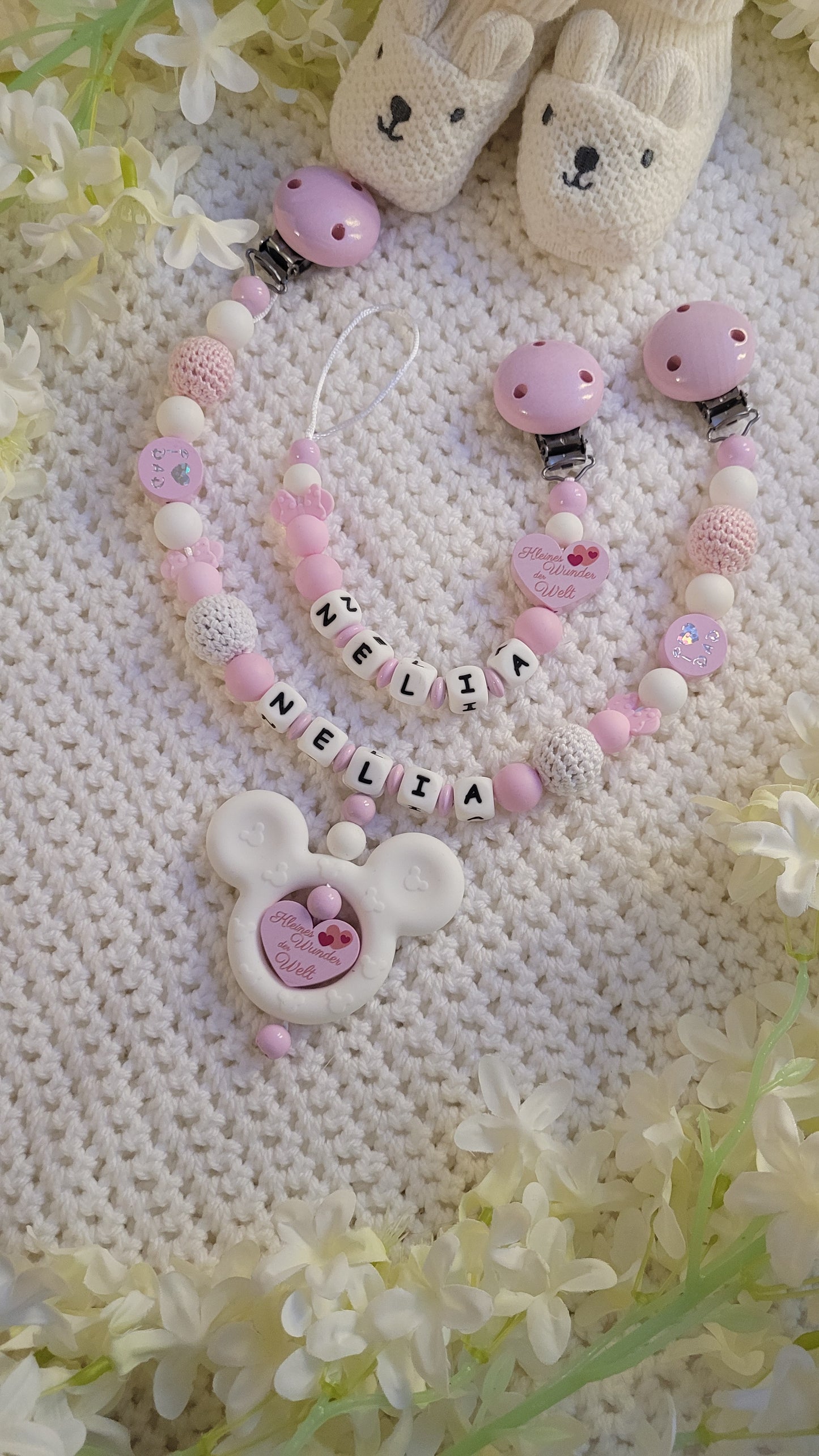 Schnullerkette Kinderwagenkette Babygeschenkset personalisiert rosa weiss disney maus minnie maus