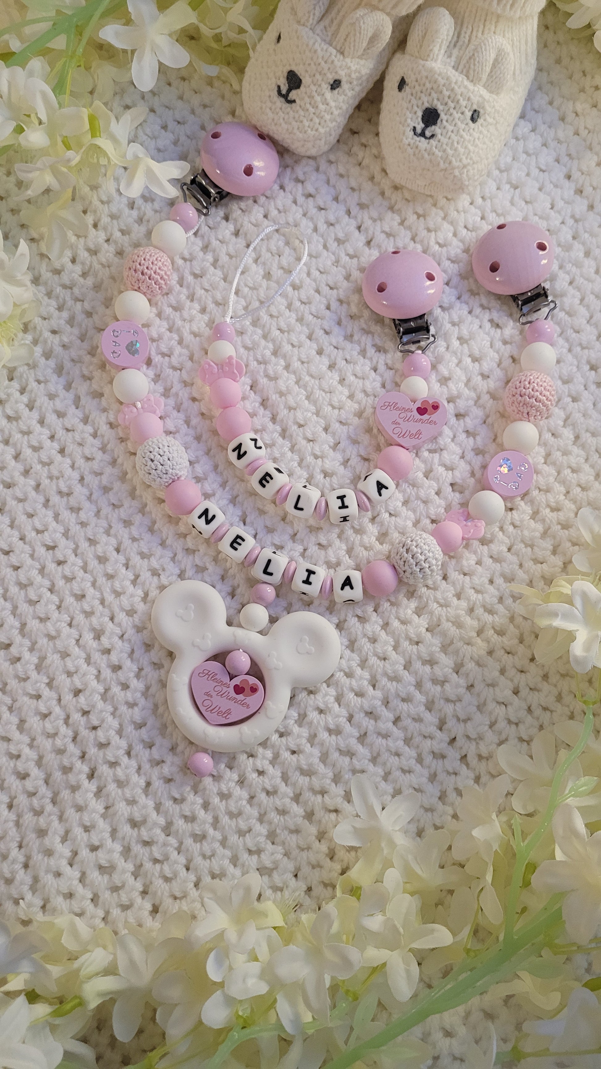 Schnullerkette Kinderwagenkette Babygeschenkset personalisiert rosa weiss disney maus minnie maus