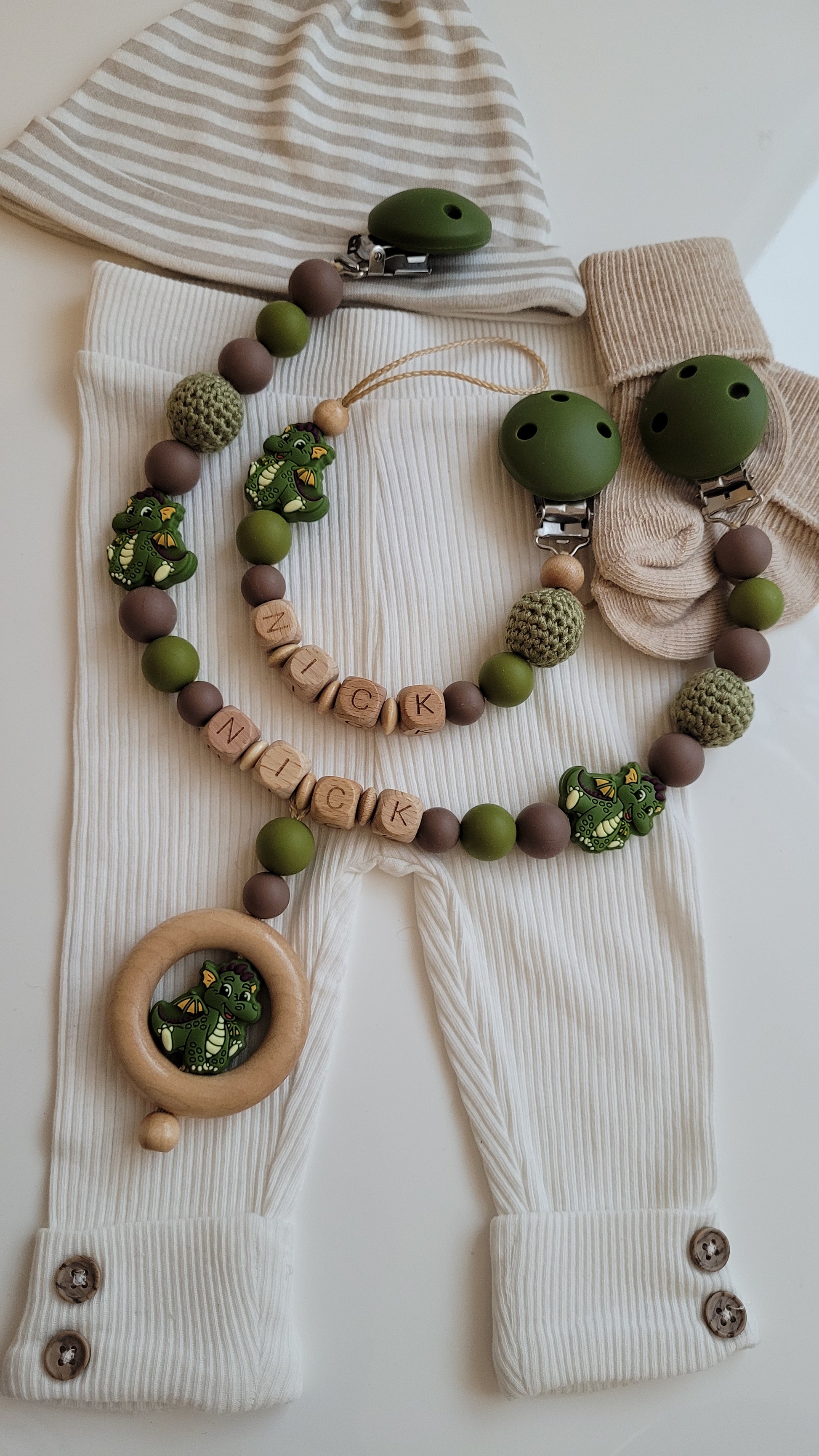 Schnullerkette Kinderwagenkette Drache Silikonperlen