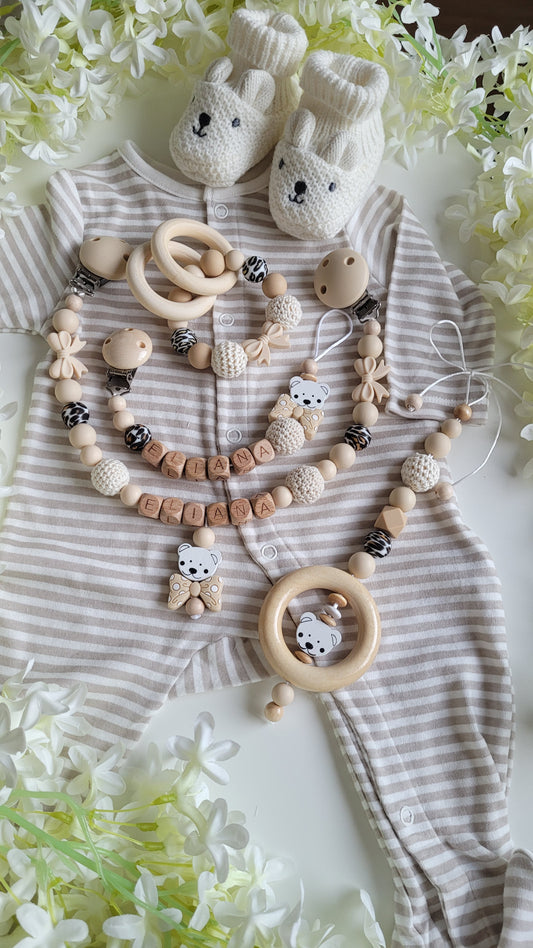 Baby Geschenkset beige Teddy Silikonperlen beige leo