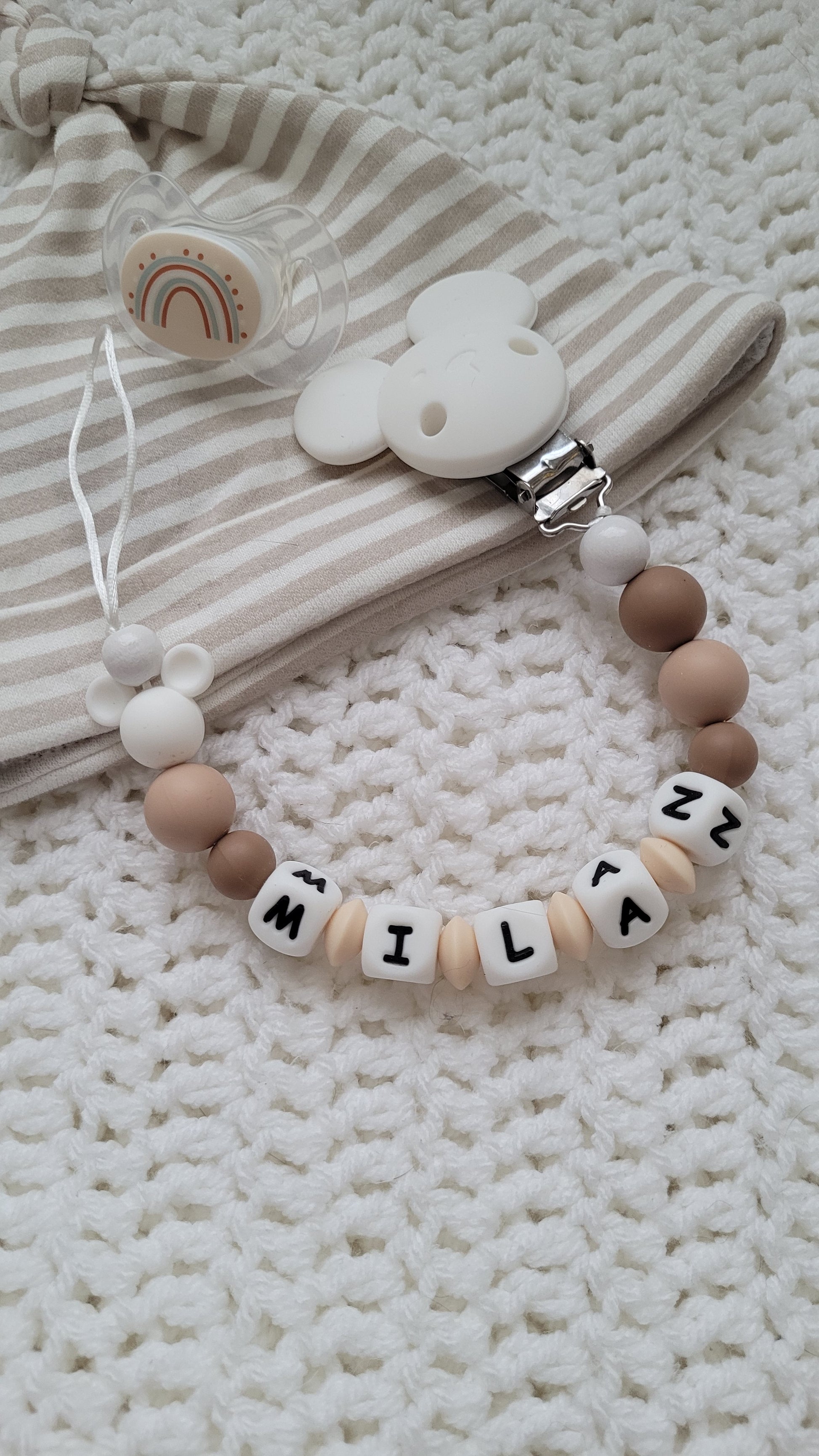 Schnullerkette Maus mit Namen beige weiss Silikon Mausclip