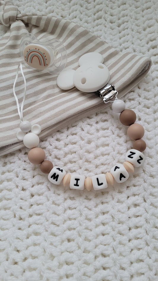 Schnullerkette Maus mit Namen beige weiss Silikon Mausclip