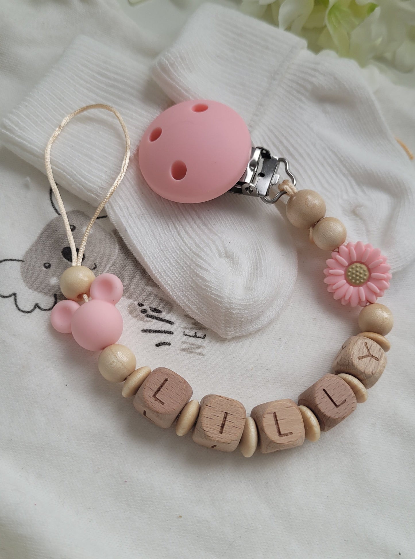 Schnullerkette Maus rosa holz personalisiert