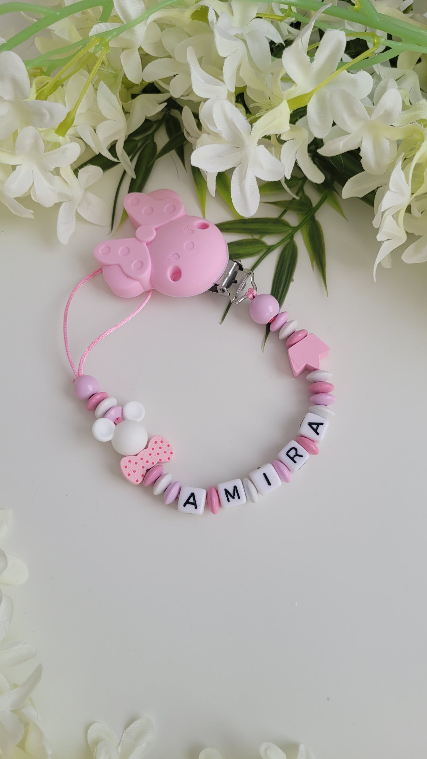 Schnullerkette Maus rosa weiss mit namen Holzperlen personalisiert