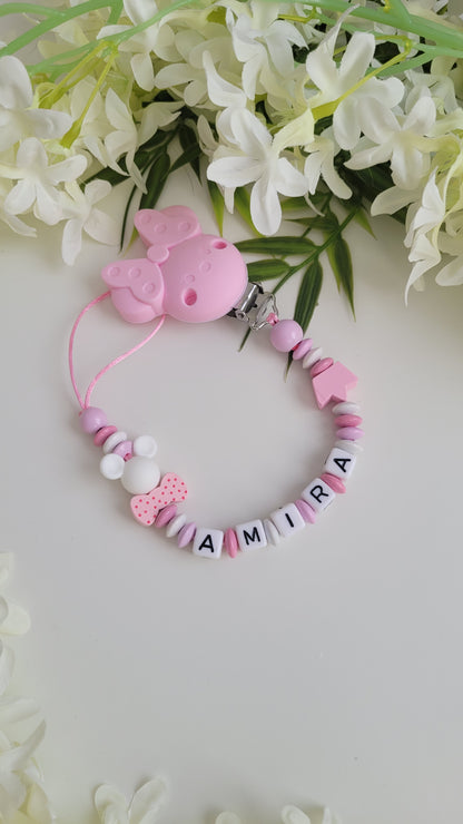 Schnullerkette Maus rosa weiss mit namen Holzperlen personalisiert