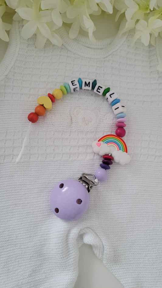 Schnullerkette mit namen für mädchen regenbogen Farbverlauf bunt holzperlen
