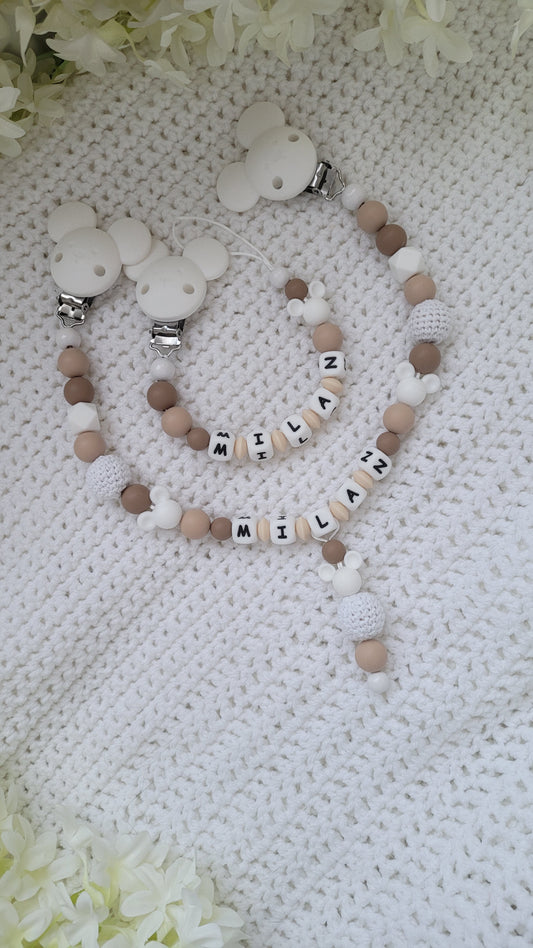 Schnullerkette beige weiss Maus silikon mit name