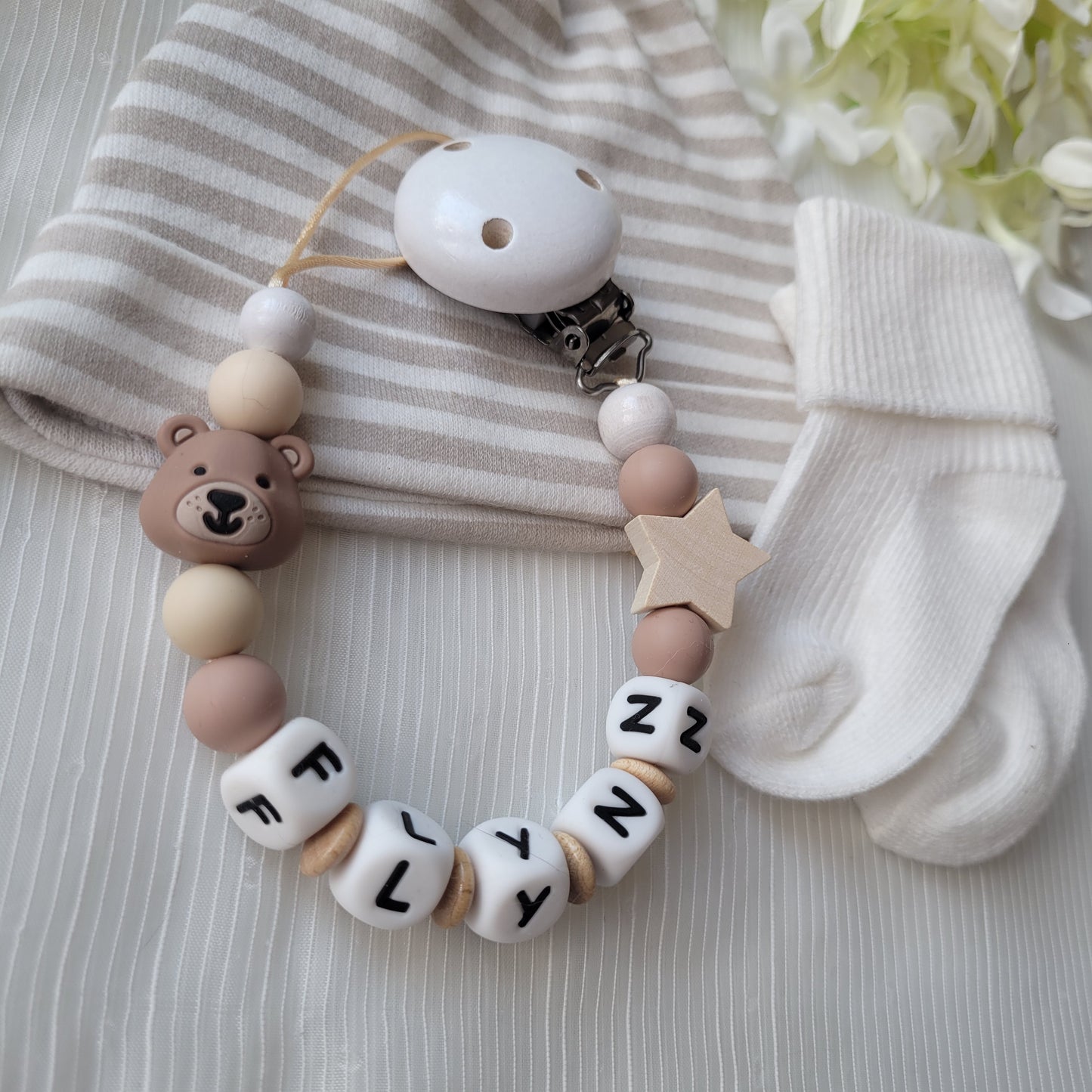 Teddybär Schnullerkette silikon und holzperlen Silikonbär Holzstern