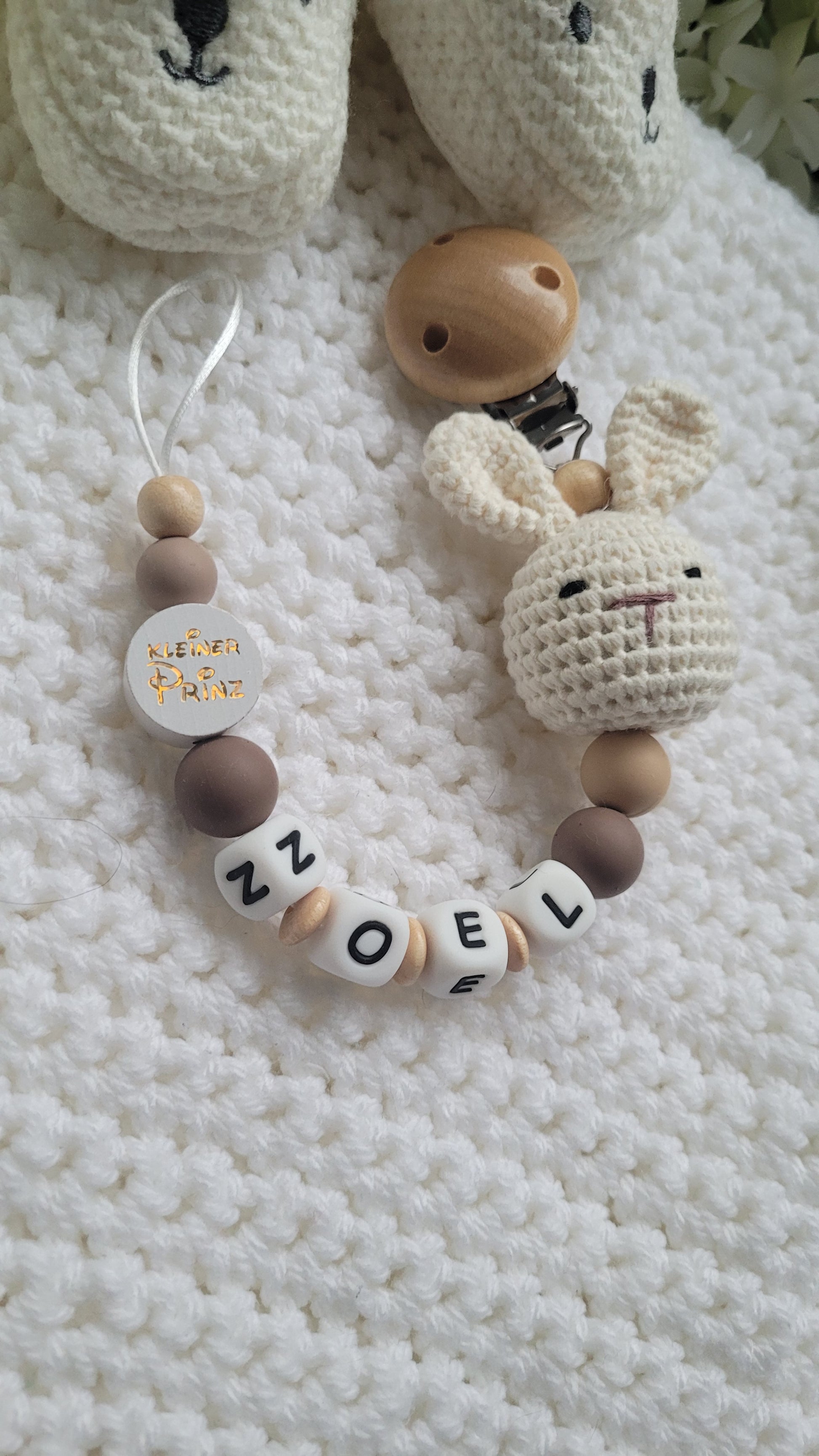 Schnullerkette häkel hase beige braun holz personalisiert kleiner prinz perle