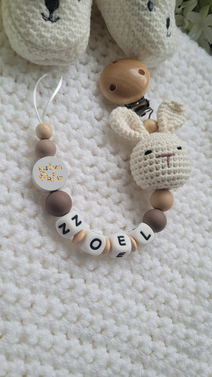 Schnullerkette häkel hase beige braun holz personalisiert kleiner prinz perle