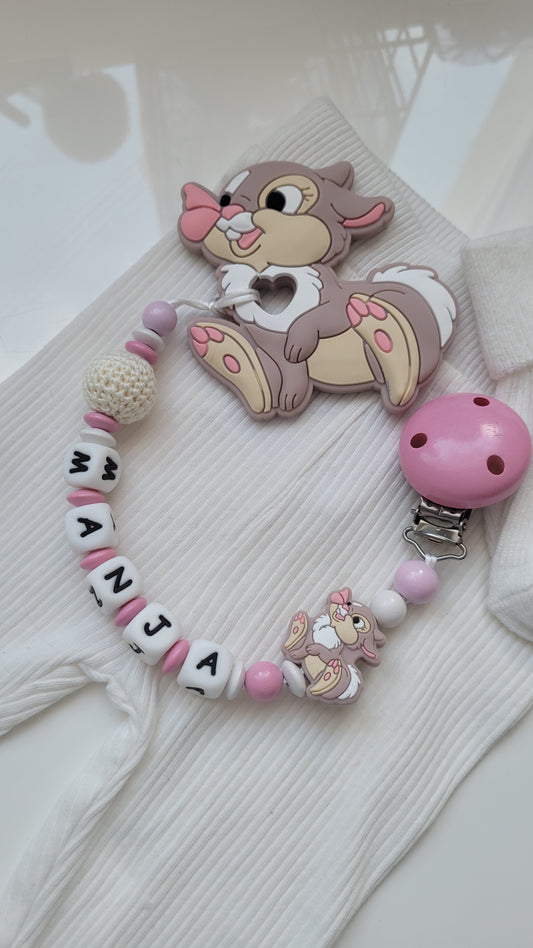 Schnullerkette holzperlen rosa weiss hase disney beissring