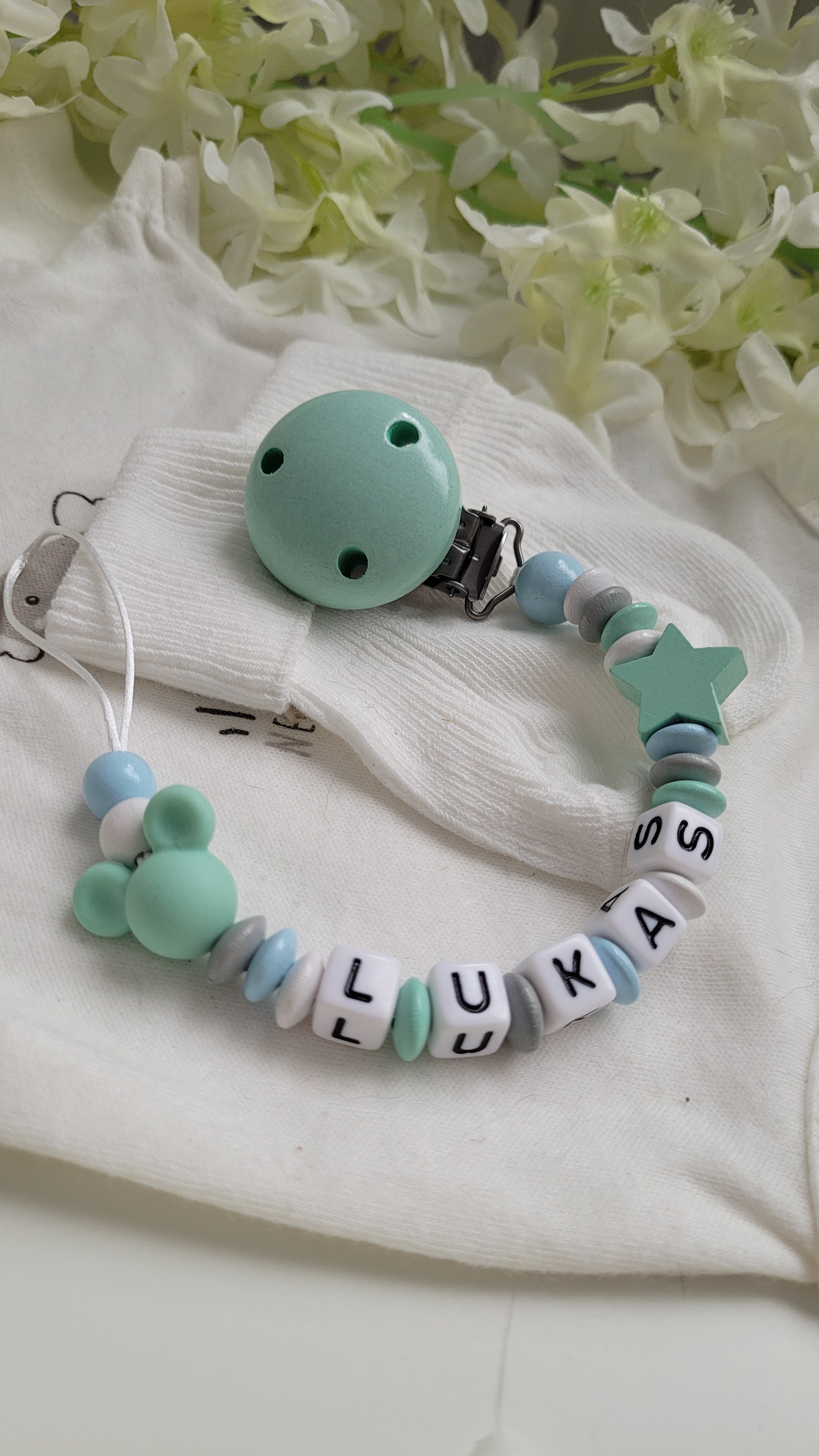 Schnullerkette mint blau weiss mit name mausmotiv holzperlen stern