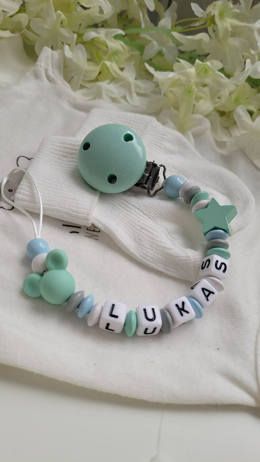 Schnullerkette mint blau weiss mit name mausmotiv holzperlen stern