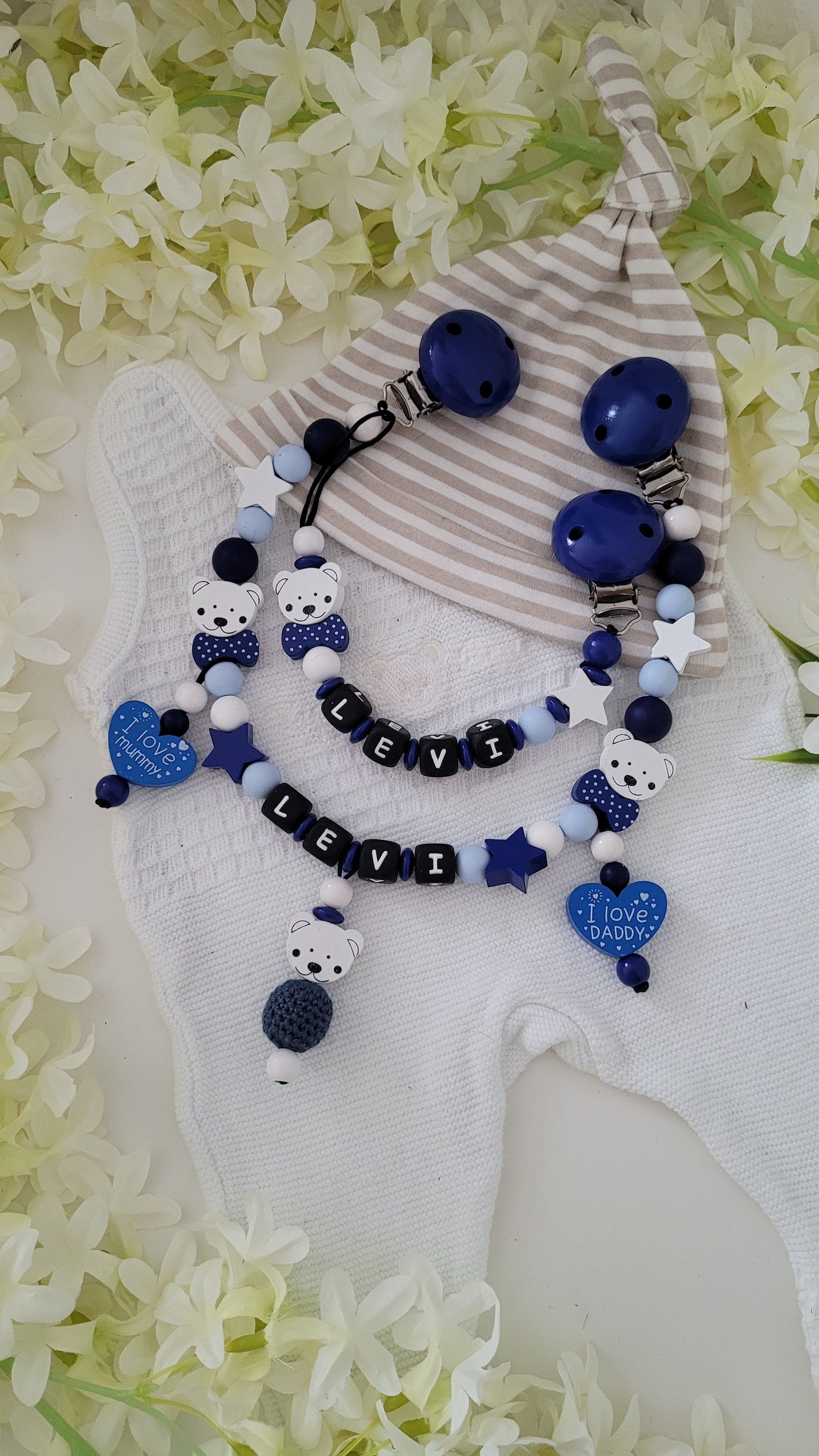 Schnullerkette mirt namen kinderwagenkette mit namen babyset personalisiert blau weiss dunkelblau teddy