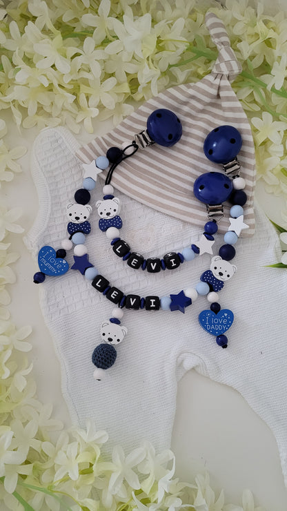 Schnullerkette mirt namen kinderwagenkette mit namen babyset personalisiert blau weiss dunkelblau teddy