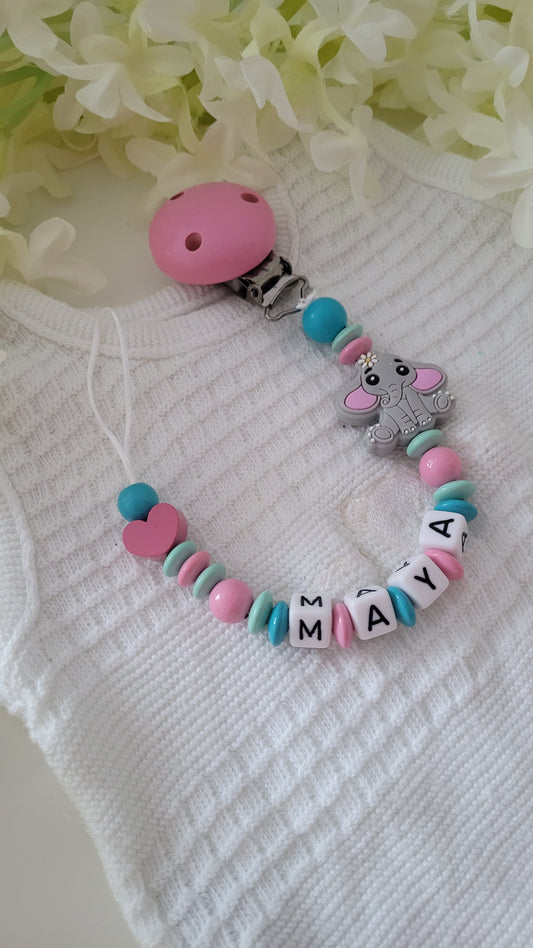 Schnullerkette mit Elefant rosa mit Name