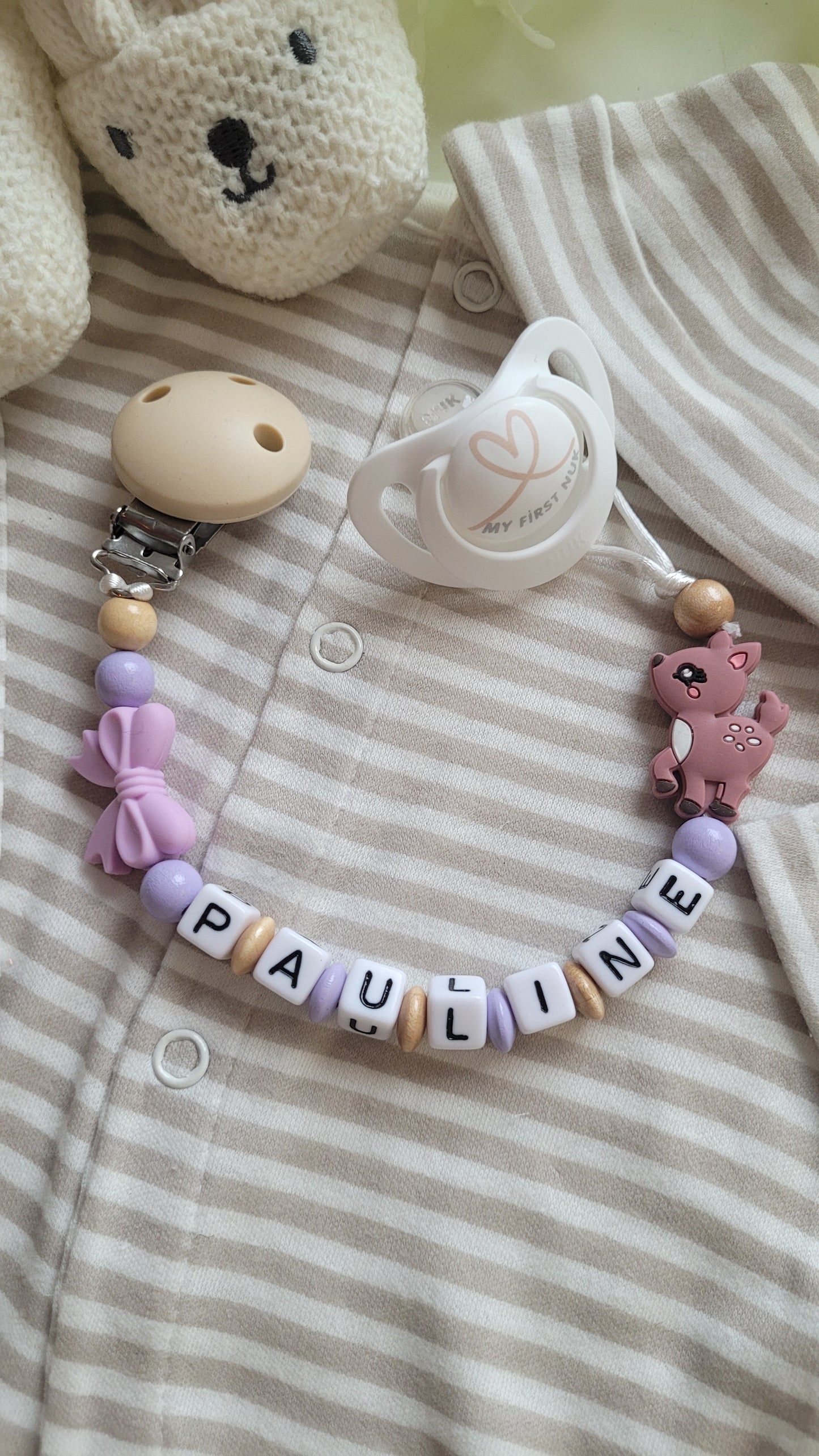 Schnullerkette mit Name Reh lila flieder holz