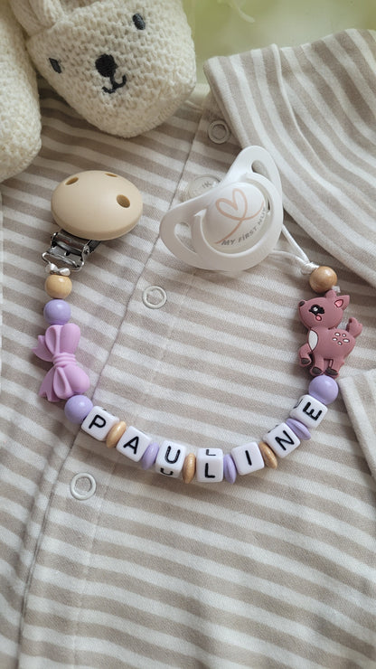 Schnullerkette mit Name Reh lila flieder holz