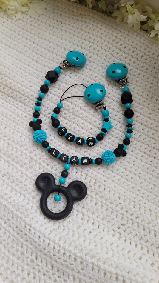Schnullerkette mit Namen Kinderwagenkette mit Namen Babygeschenk zur Geburt türkis schwarze Holzperlen Silikonperlen Mickey Maus