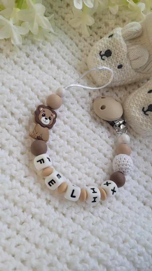 Schnullerkette mit Namen deines Babys silikonperlen beige braun Löwe