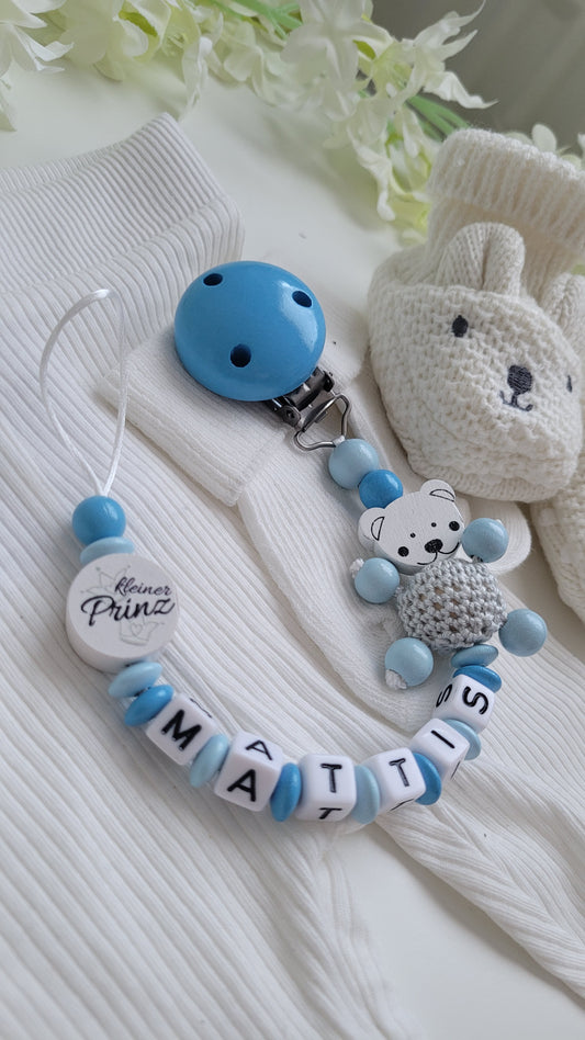 Schnullerkette mit Namen für Jungs blau hellblaue Holzperlen Teddy