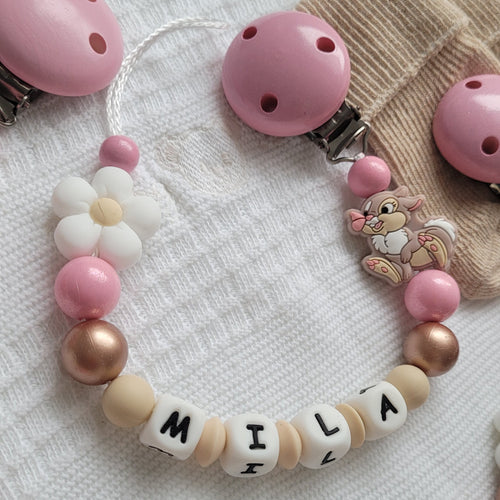 Schnullerkette mit Namen für Mädchen Hase beige perlgold und glitzer rosa