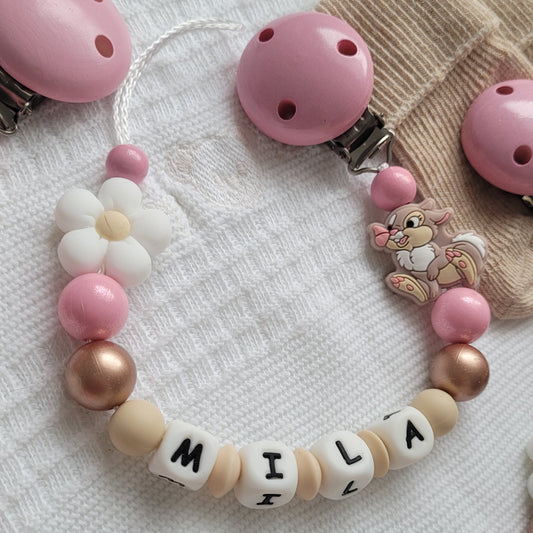 Schnullerkette mit Namen für Mädchen Hase beige perlgold und glitzer rosa