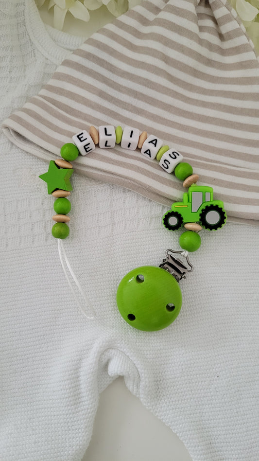 Schnullerkette mit Namen personalisiertes Babygeschenk Traktor grün