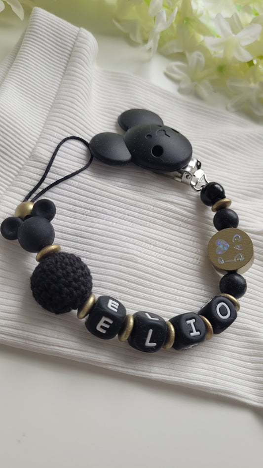 Schnullerkette mit Namen schwarz gold maus