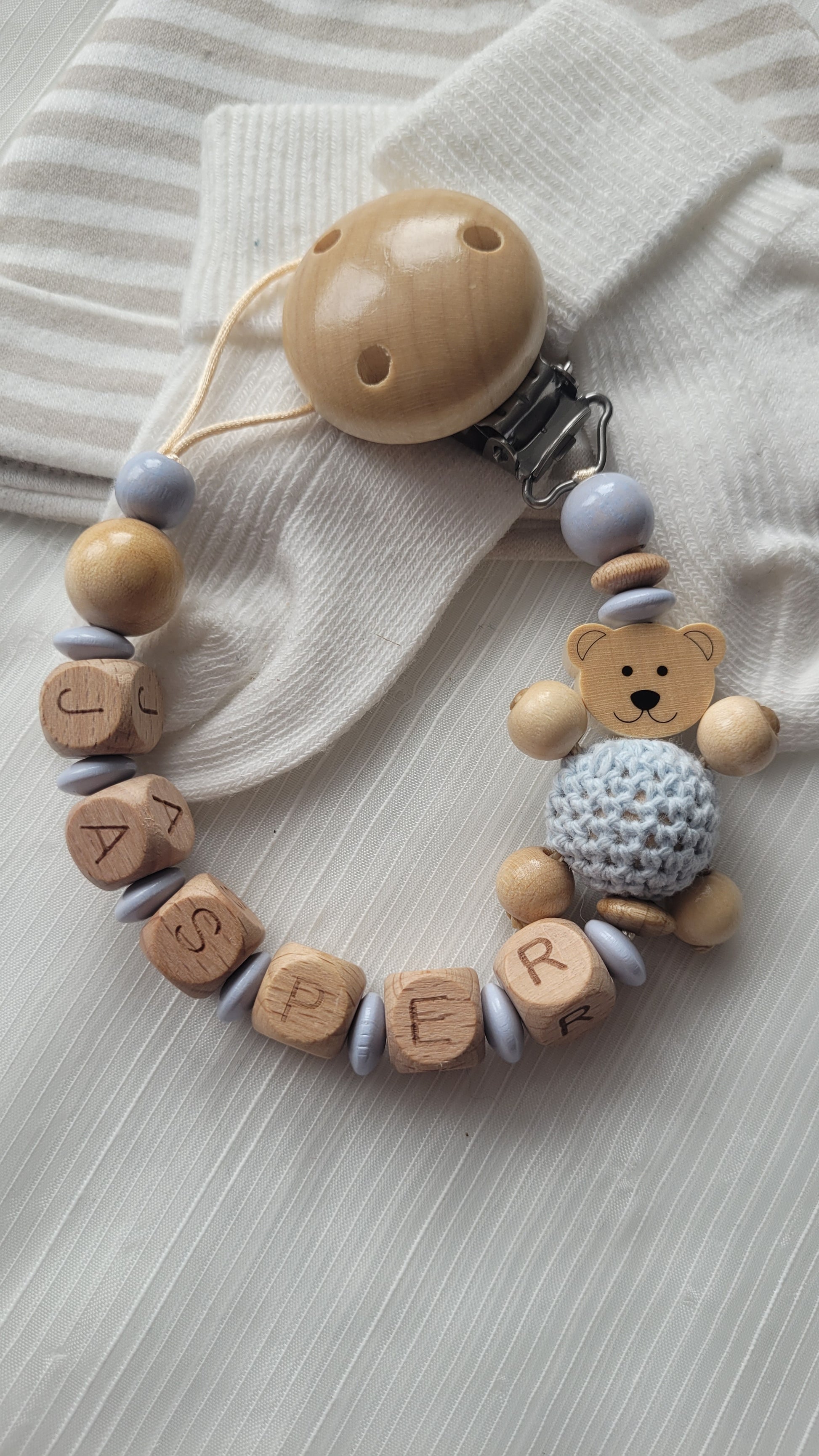 Schnullerkette mit namen baby Holz Teddy hellblau holz