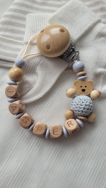 Schnullerkette mit namen baby Holz Teddy hellblau holz