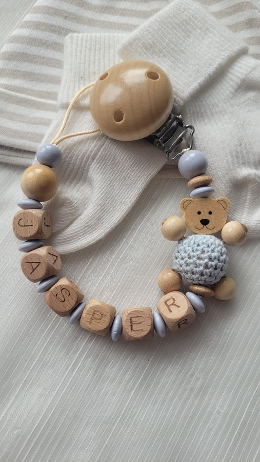 Schnullerkette mit namen baby Holz Teddy hellblau holz