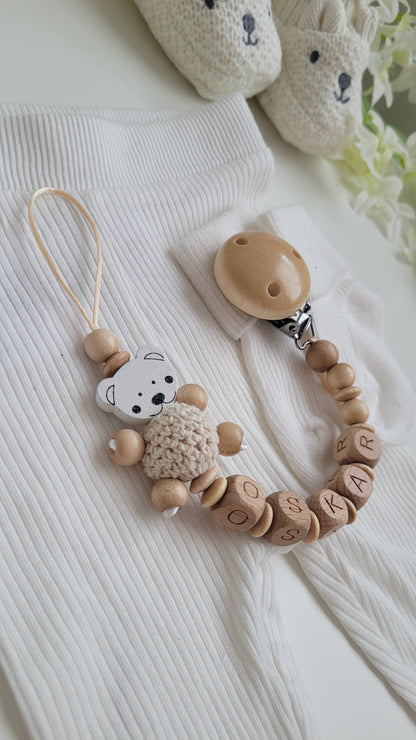 Schnullerkette mit namen holz teddy bär natur beige