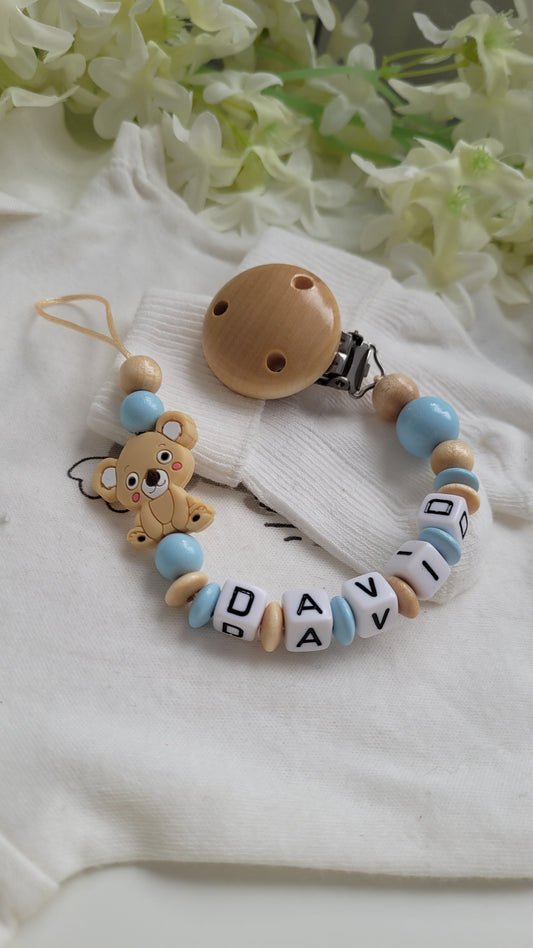 Schnullerkette mit namen holzperlen blau holz koala motiv