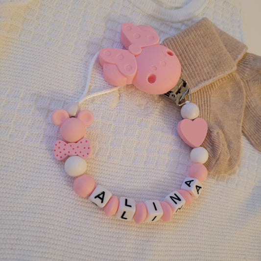 Schnullerkette mit namen silikon maus rosa weiss