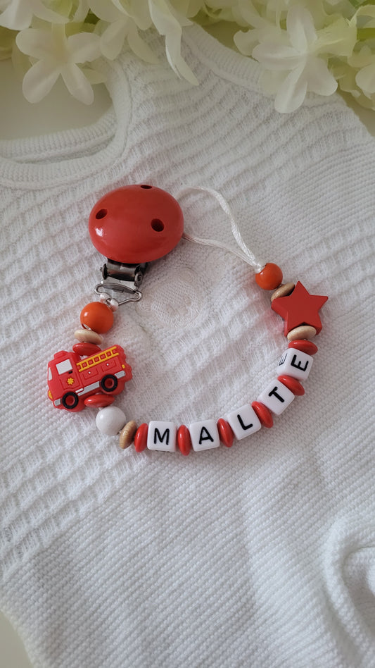 Schnullerkette mit namen Feuerwehr holzerlen babygeschenk