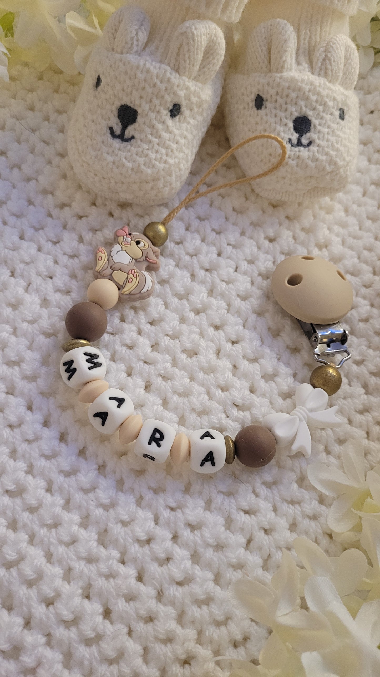 Schnullerkette silikon Hase disney Klopfer beige braun gold