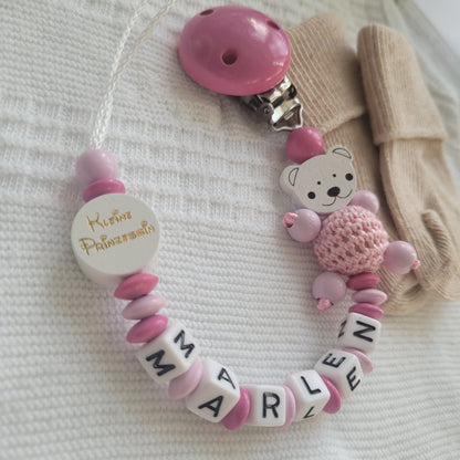 Schnullwerkette mit namen holzperlen häkelperlen teddy kleine Prinzessinn