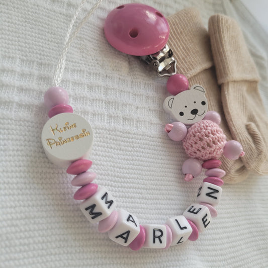Schnullwerkette mit namen holzperlen häkelperlen teddy kleine Prinzessinn