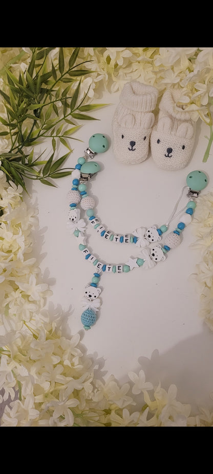 Kinderwagenkette & Schnullerkette * Bärly* mint türkis weiß