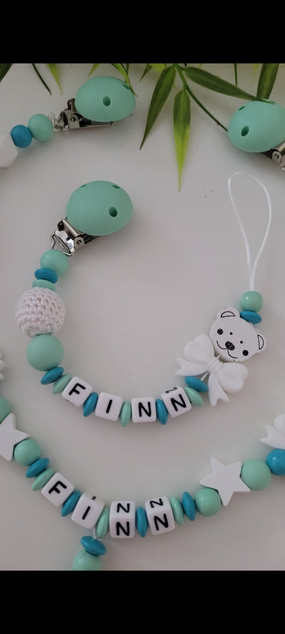 Kinderwagenkette & Schnullerkette * Bärly* mint türkis weiß
