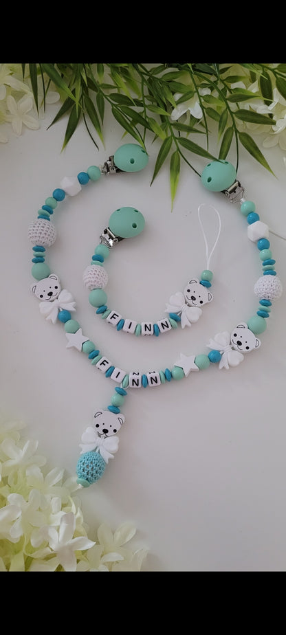 Kinderwagenkette & Schnullerkette * Bärly* mint türkis weiß