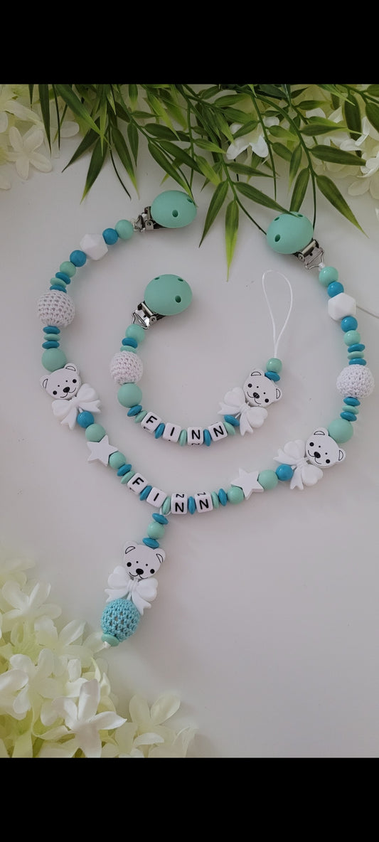 Kinderwagenkette & Schnullerkette * Bärly* mint türkis weiß