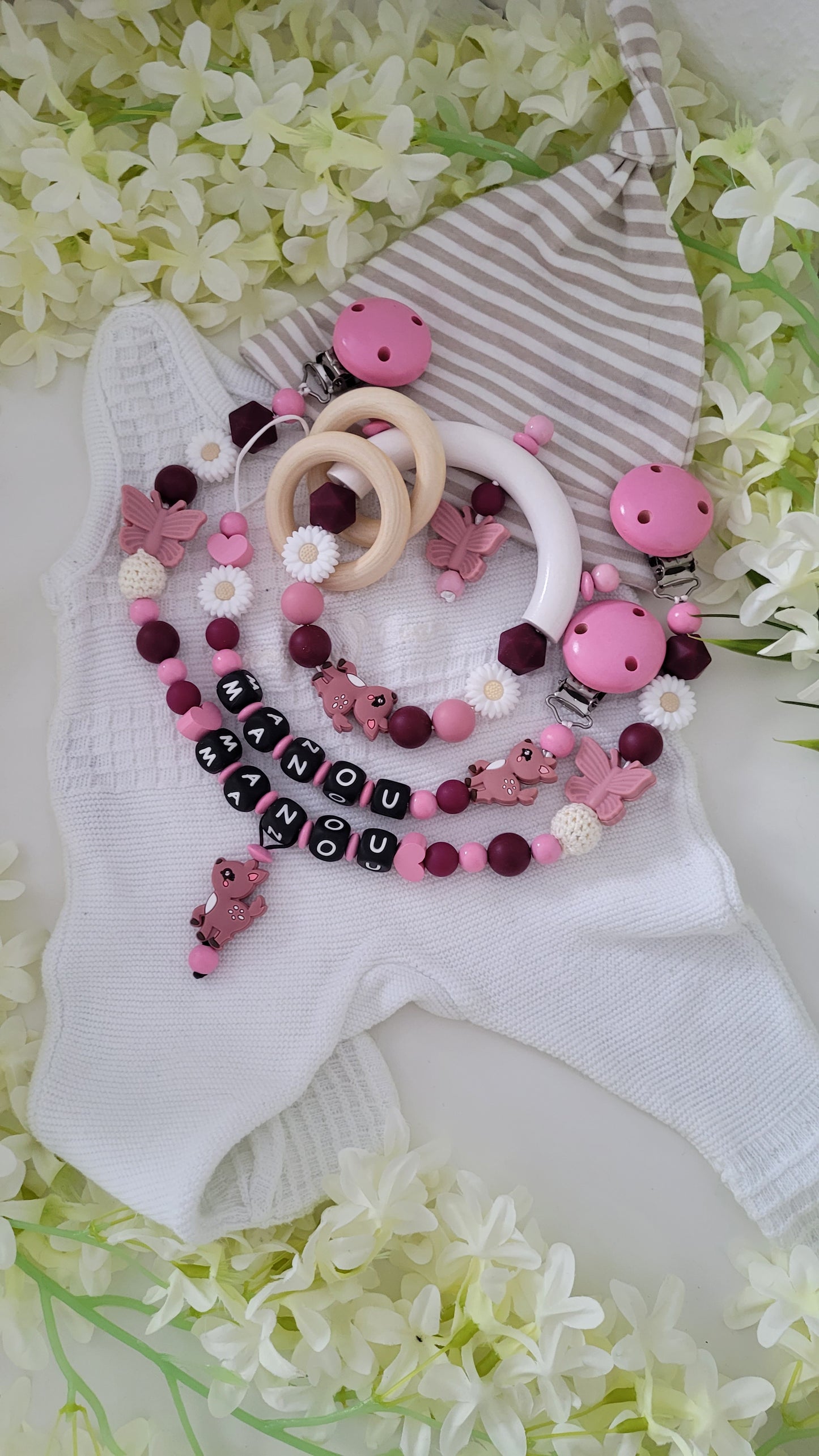 3er Set rosa weinrot Holz und Silikonperlen Reh, Schmetterling und Blumenperlen rosa Befestgungs HOlzclips