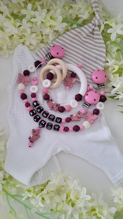 3er Set rosa weinrot Holz und Silikonperlen Reh, Schmetterling und Blumenperlen rosa Befestgungs HOlzclips