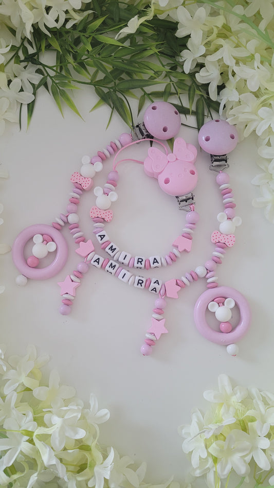 Schnullerkette Kinderwagenkette mit Spielringe holz rosa grau mit Silikonmaeuse Holzschleifen Kronen und Sternen mit Namen personalisierbar