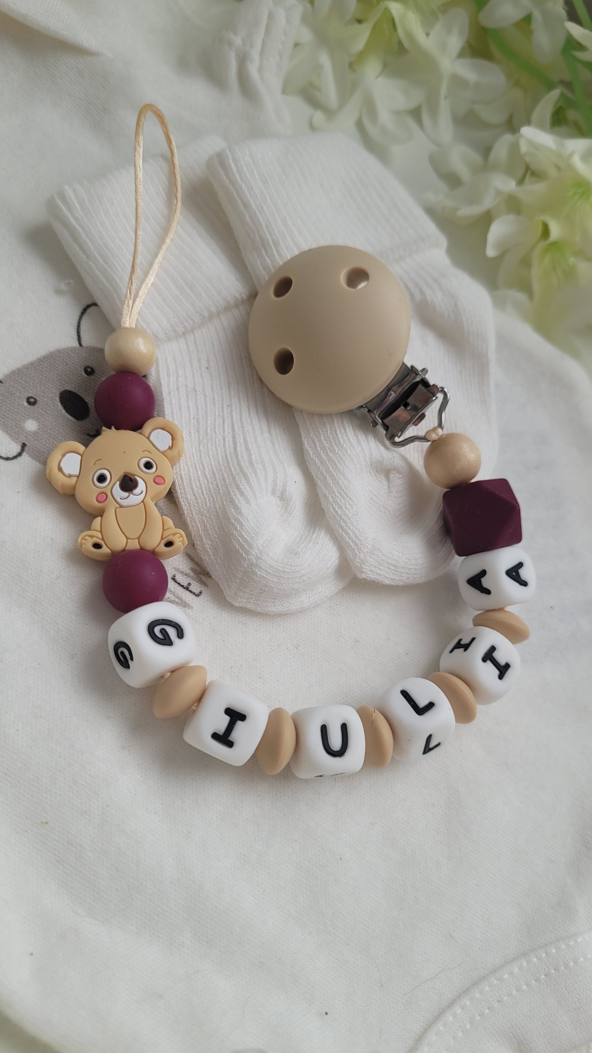 Silikon Schnullerkette beige weinrot mit namen Koala
